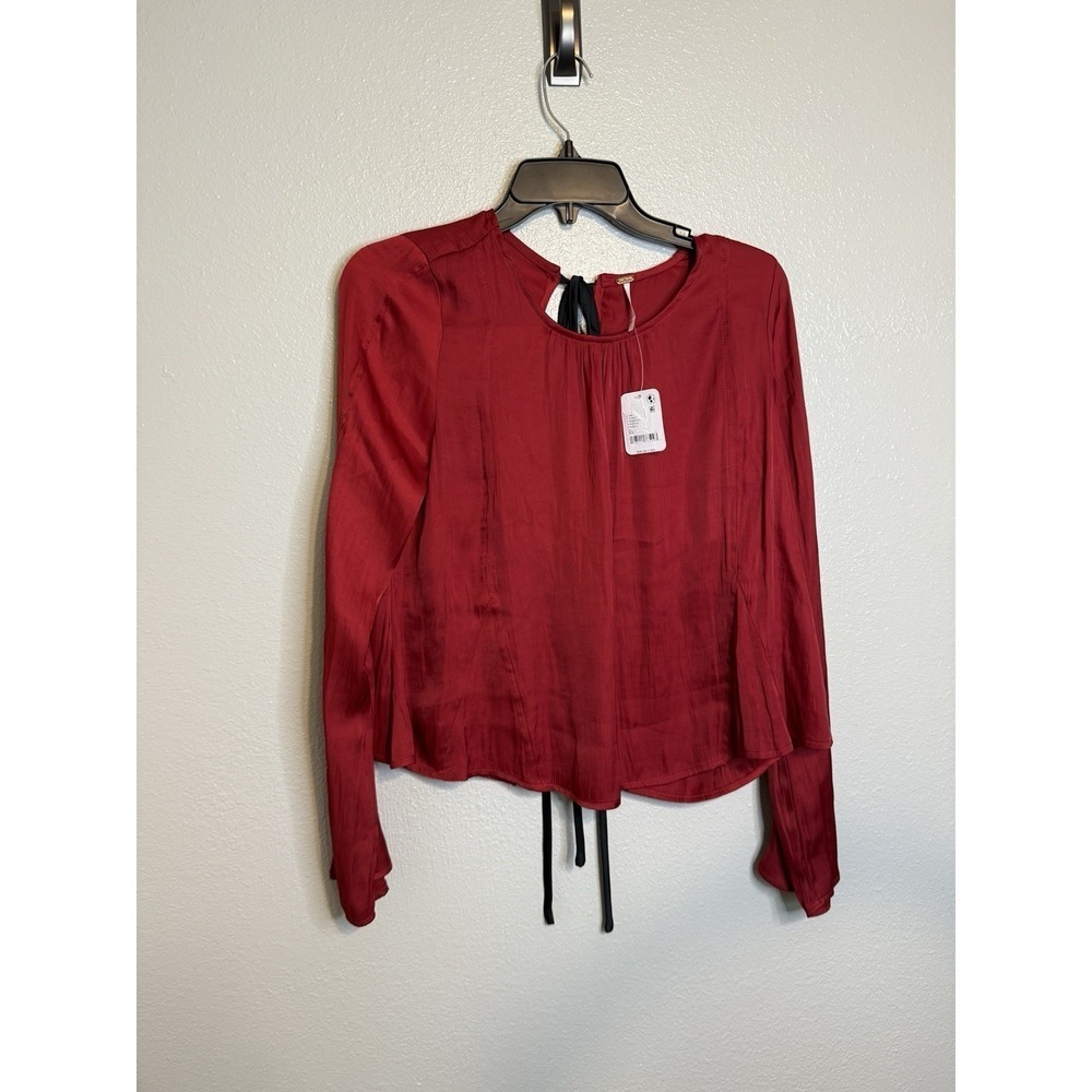 Free‎ People Arabella Open Tie Back Shirred Ruby Red Blouse Size XS New